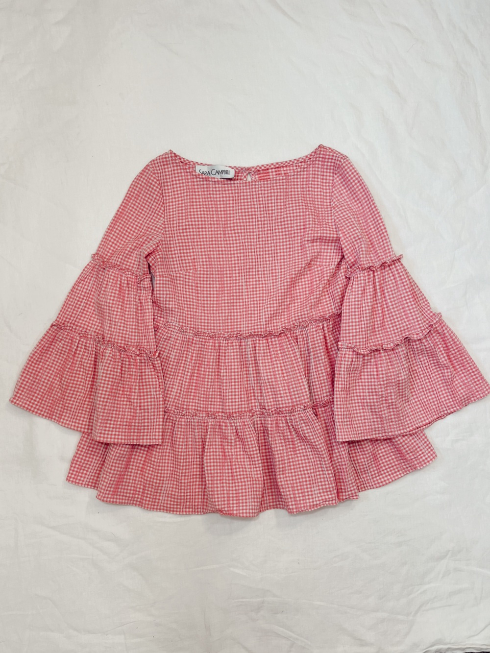 Sara Campbell Ruffle Sleeve Tiered Gingham Blouse